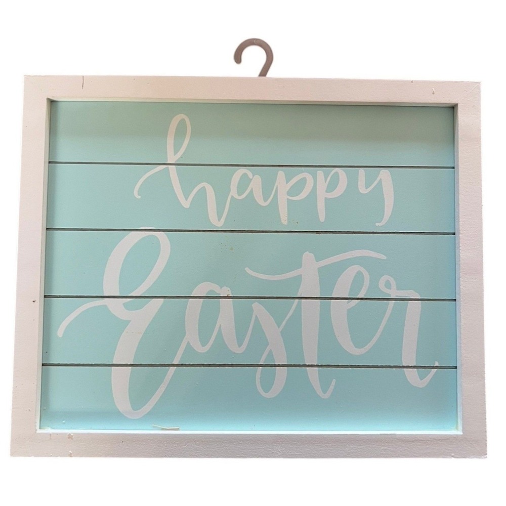"Happy Easter" Pastel Farmhouse Framed Wall Sign – Aqua‎ Shiplap Spring Decor
